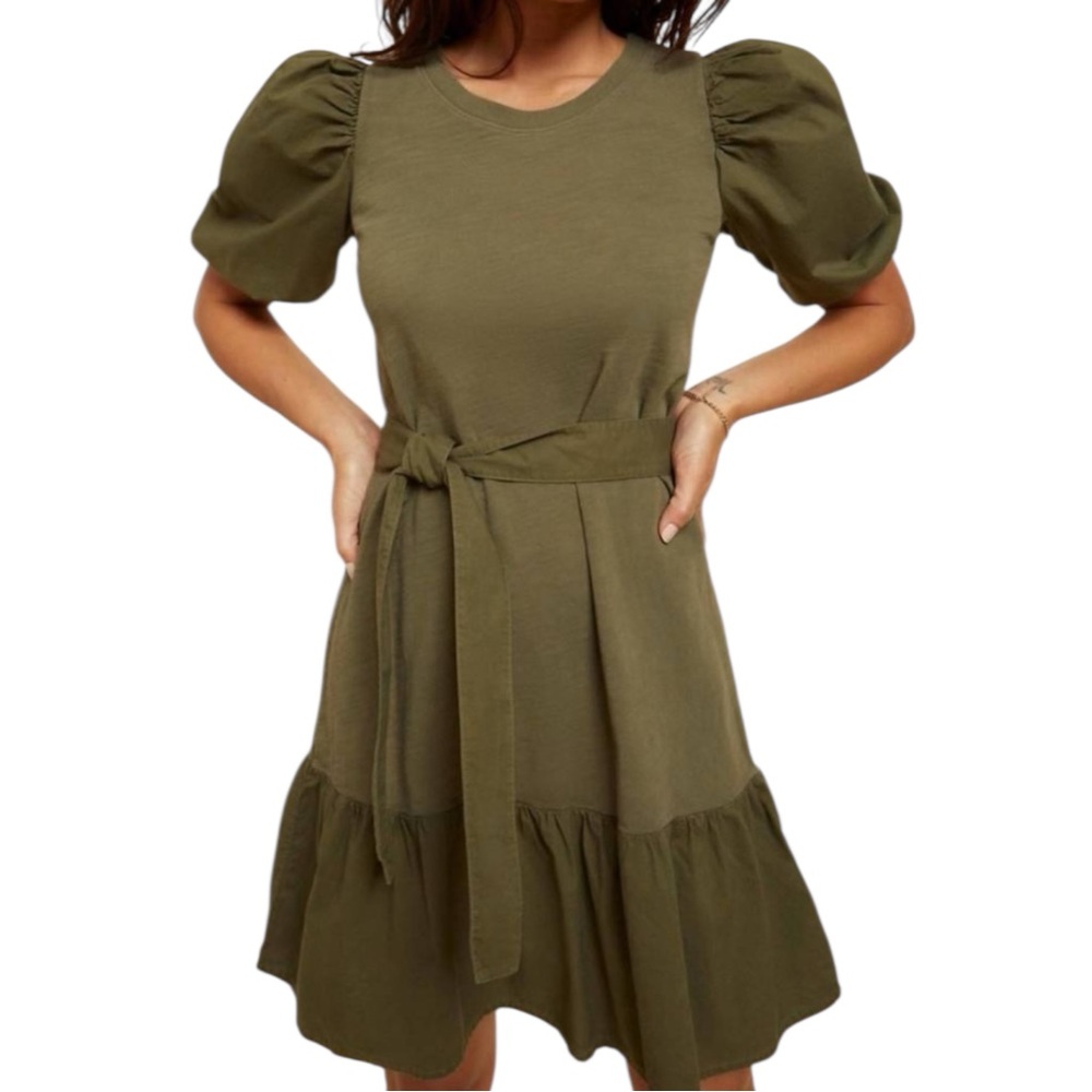 Nation Evangeline Mini‎ Dress Green XS Belted Puff Sleeves 100% Cotton